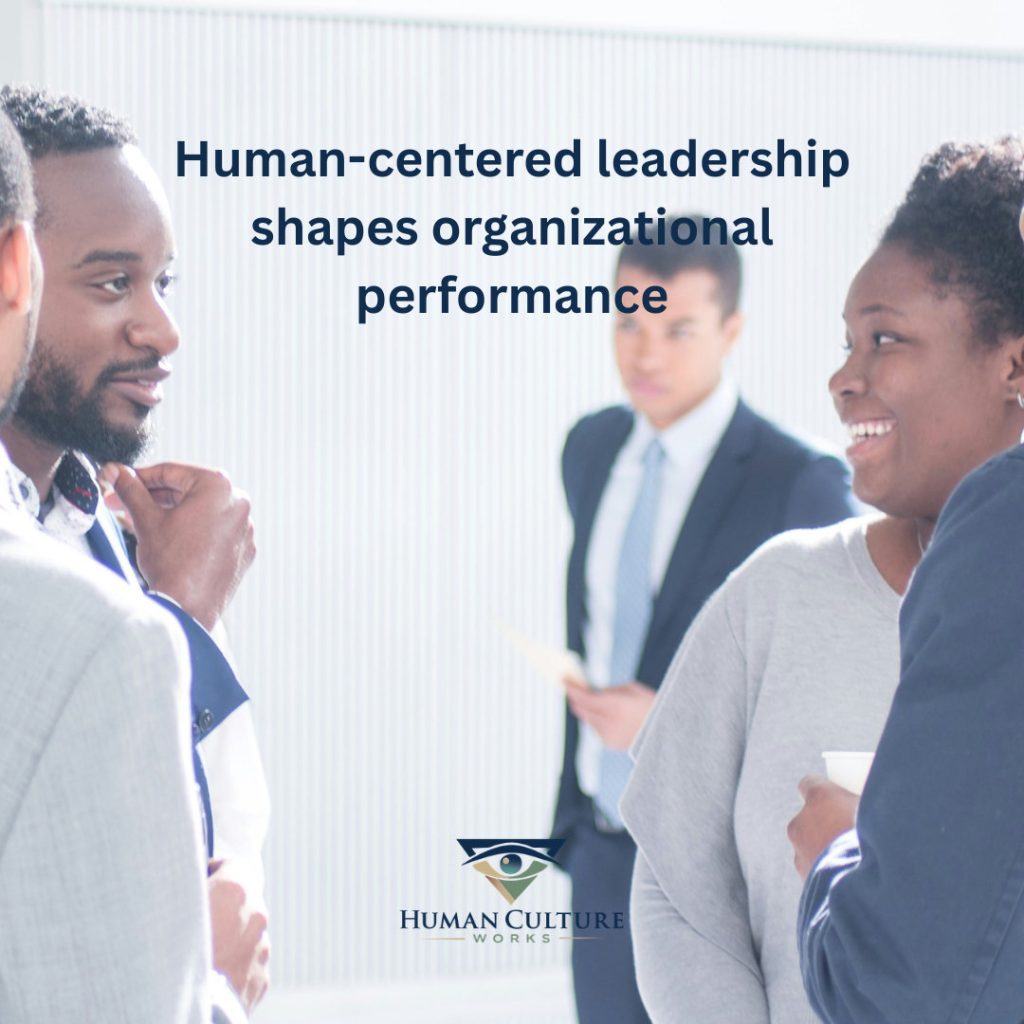 Human-centered leadership shapes organizational performance, text over a group of colleagues talking