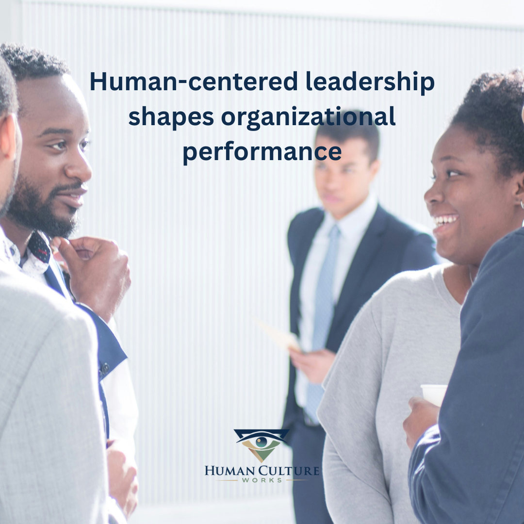 Human-centered leadership shapes organizational performance, text over a group of colleagues talking