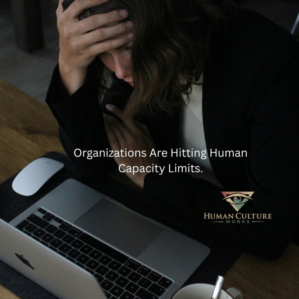 Organizations are hitting human capacity limits, text over a stressed person at a laptop