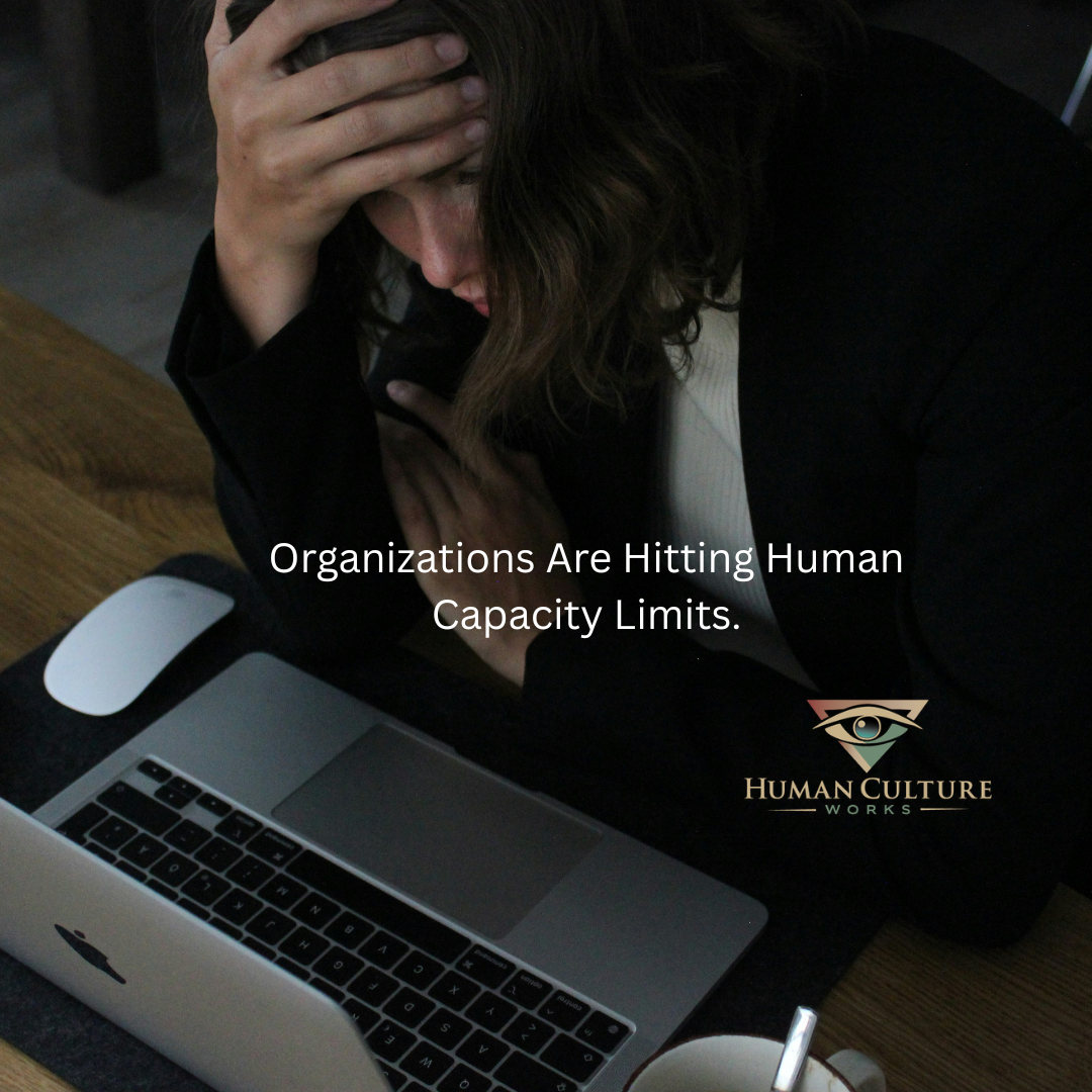 Organizations are hitting human capacity limits, text over a stressed person at a laptop
